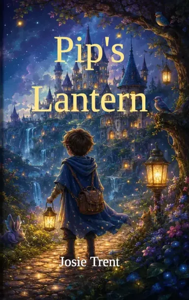 Pip's Lantern by Josie Trent: a boy holding a lantern on a glowing path into a storybook town at night, the title in yellow.