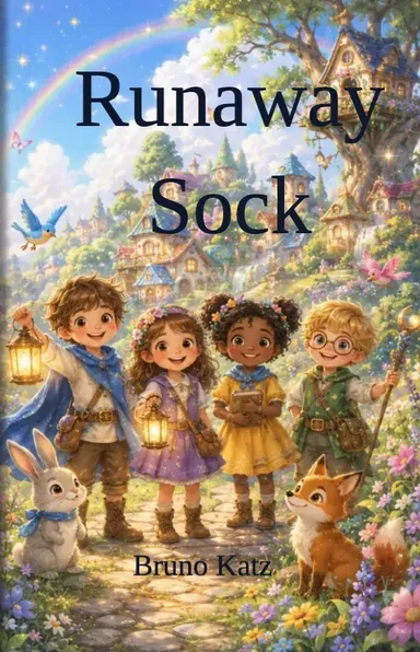 Runaway Sock by Bruno Katz: four children carrying lanterns with a rabbit and a fox in a flowering village, a rainbow overhead.
