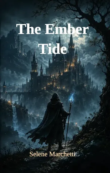 The Ember Tide by Selene Marchetti: a cloaked figure with a staff before a dark castle and waterfall, the title in white serif.