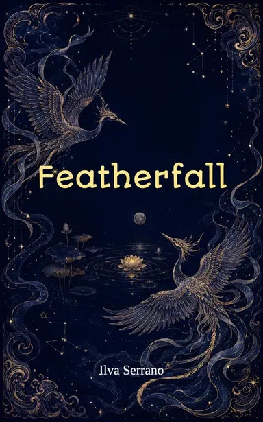 Featherfall by Ilva Serrano: two gilded phoenixes over a moonlit pool on midnight blue, inside a fine gold border.