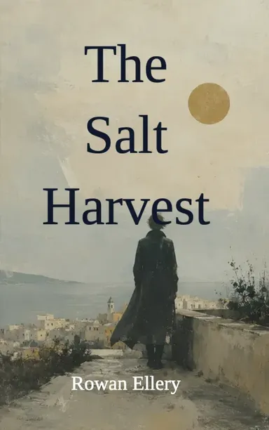 The Salt Harvest by Rowan Ellery: a painted coastal town under a pale sky with a gold disc, a figure walking down to the water.