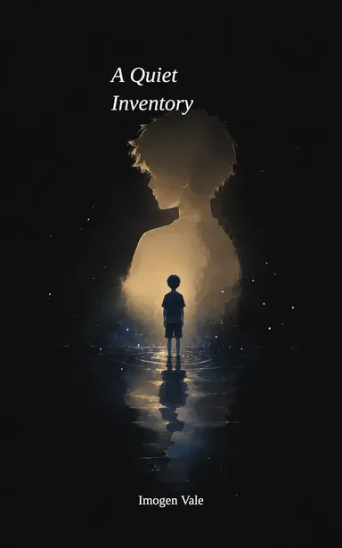 A Quiet Inventory by Imogen Vale: a child standing in a lit doorway cut out of a dark silhouetted head, the title small and italic above.