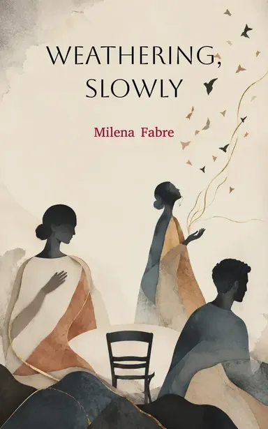 Weathering, Slowly by Milena Fabre: four seated figures drawn in muted terracotta and slate on cream, birds rising above them.